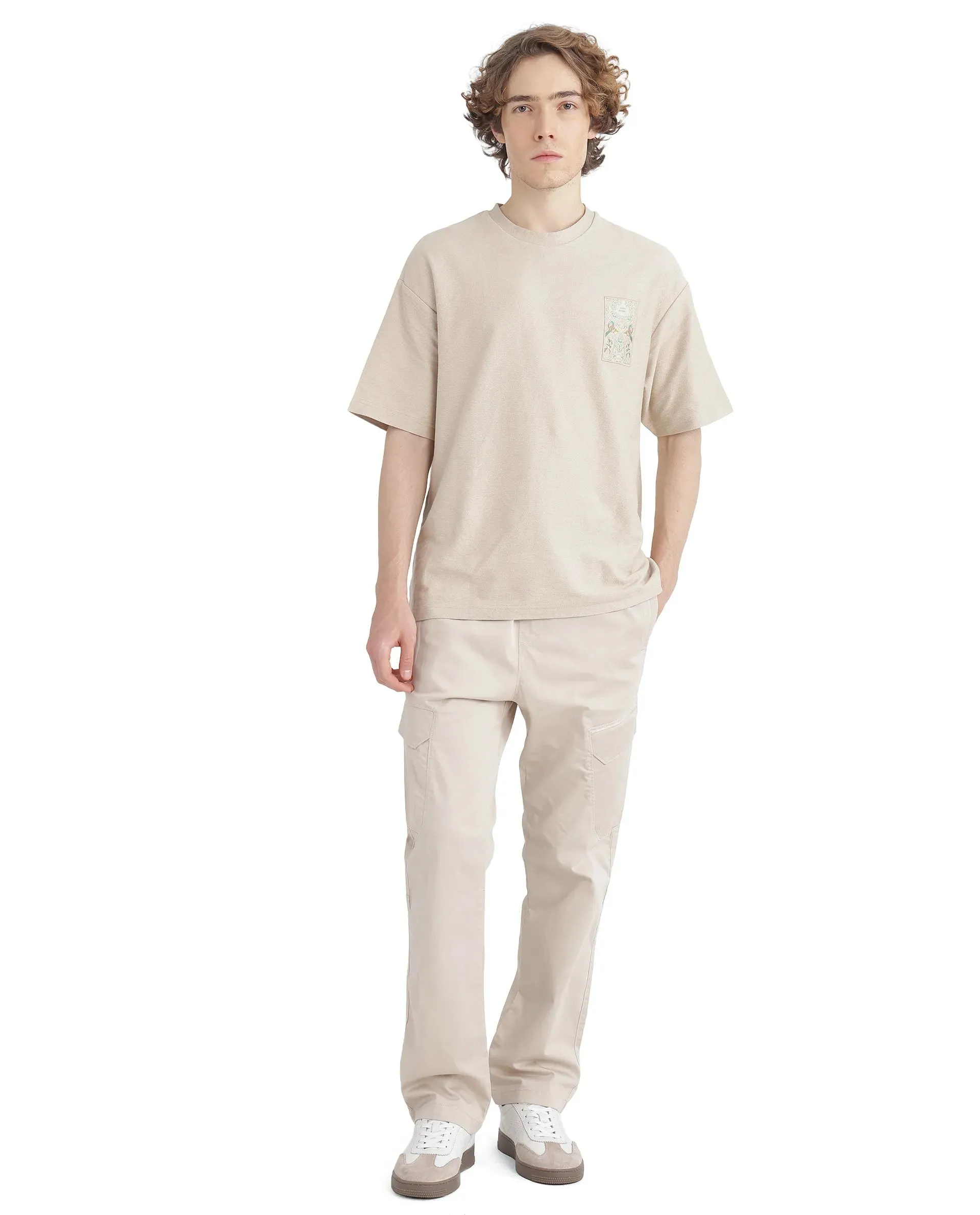 Rare Rabbit Men's Zudi Beige Cotton Fabric Drawstring Closure Regular Fit Cargo Style Trouser