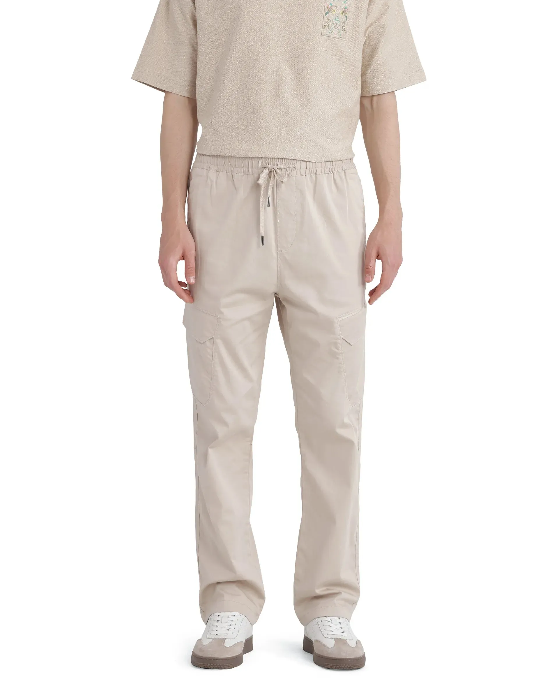 Rare Rabbit Men's Zudi Beige Cotton Fabric Drawstring Closure Regular Fit Cargo Style Trouser