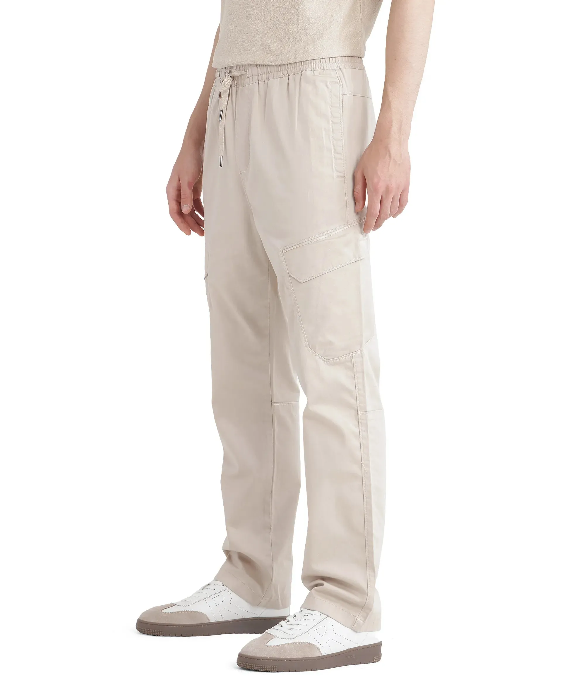 Rare Rabbit Men's Zudi Beige Cotton Fabric Drawstring Closure Regular Fit Cargo Style Trouser
