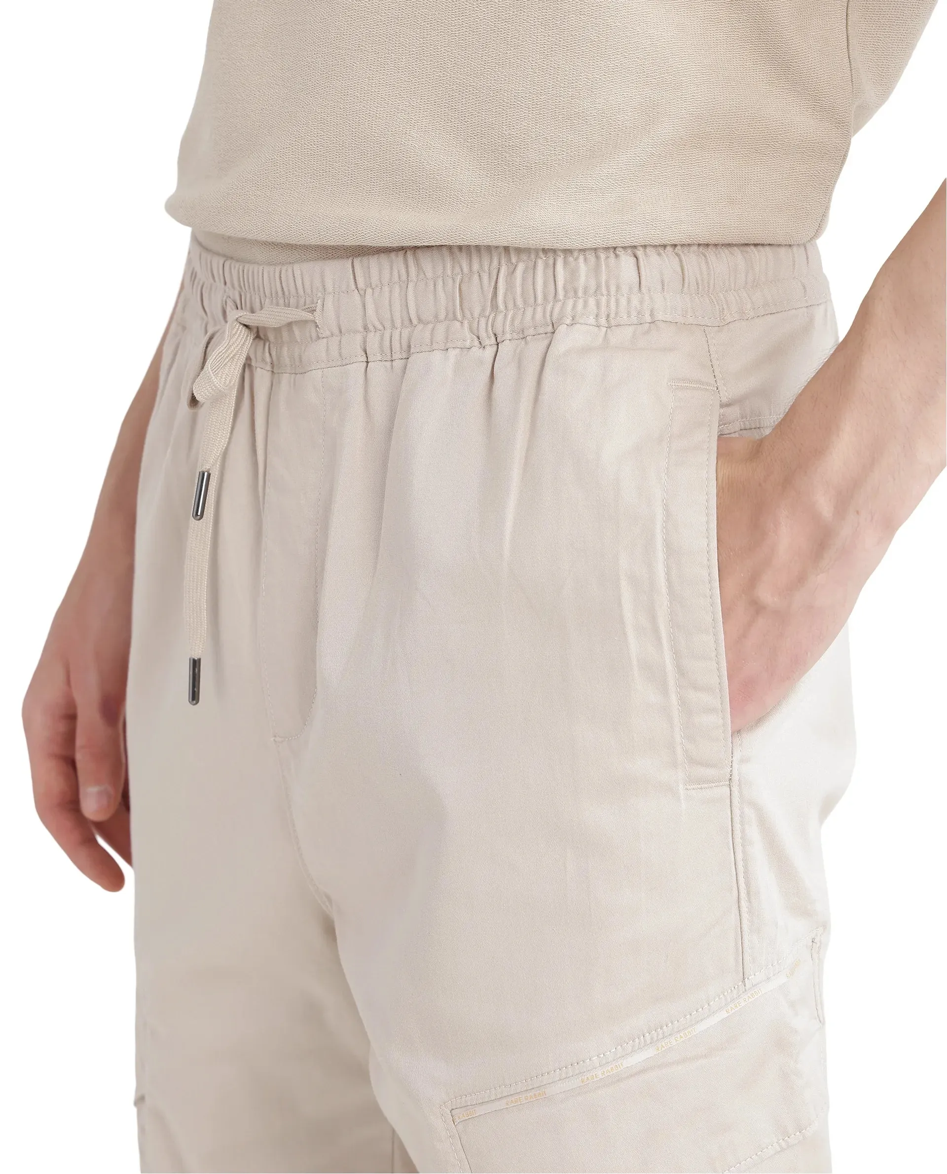 Rare Rabbit Men's Zudi Beige Cotton Fabric Drawstring Closure Regular Fit Cargo Style Trouser