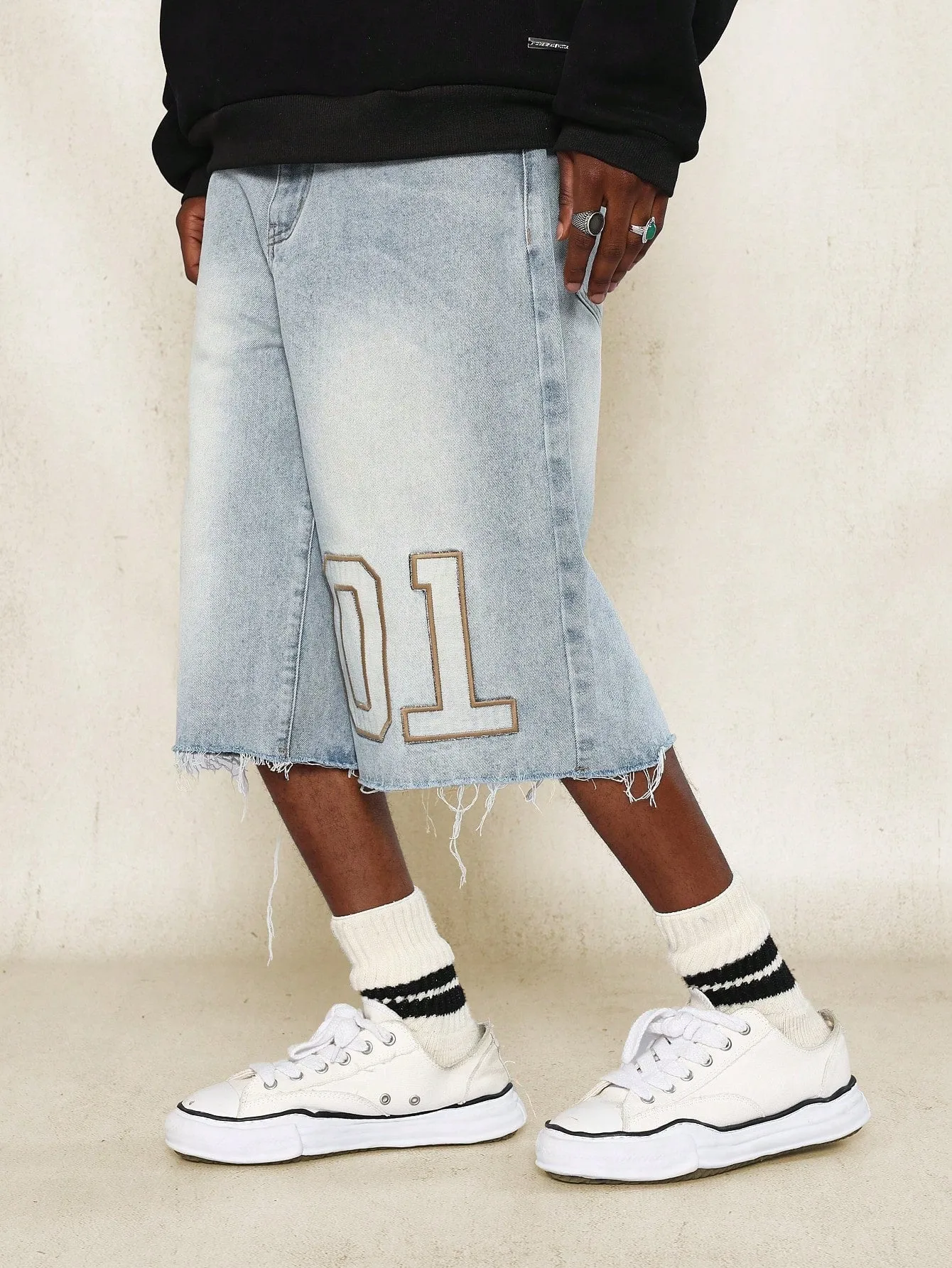 Raw Edge Denim Jort With Number Applique Design