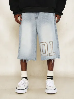 Raw Edge Denim Jort With Number Applique Design
