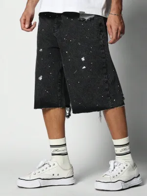 Raw Hem Bermuda Denim Short With Paint Print