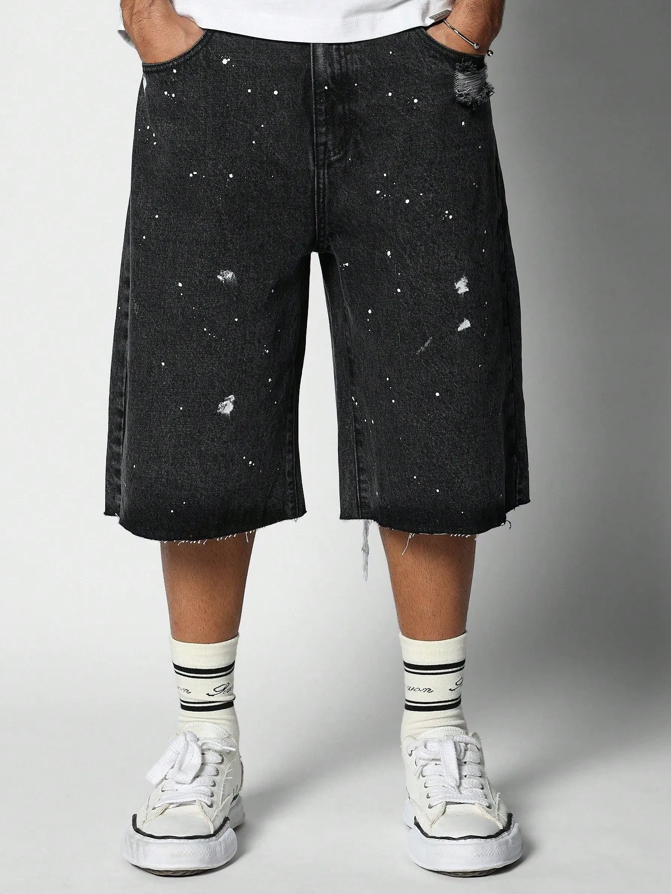 Raw Hem Bermuda Denim Short With Paint Print