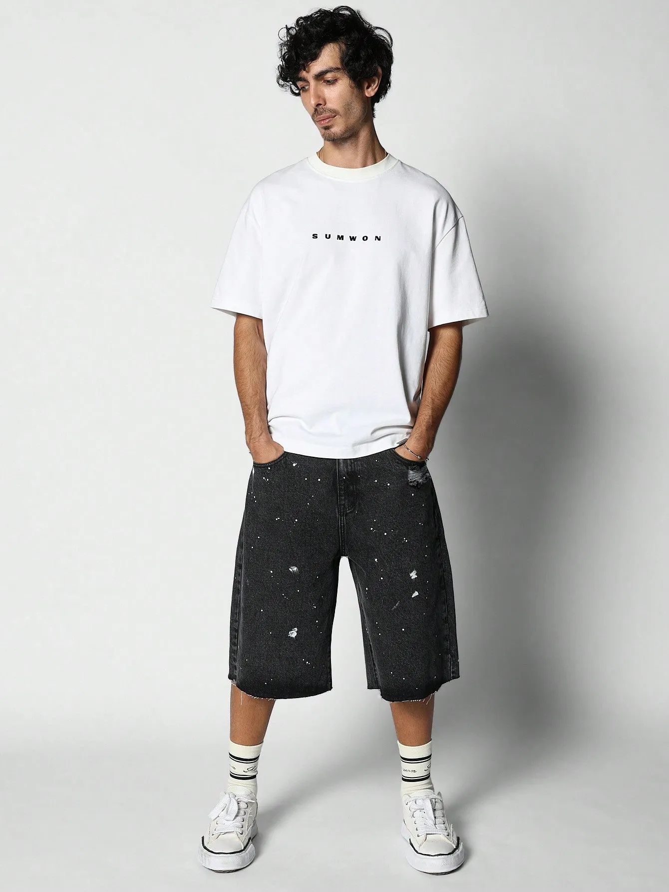 Raw Hem Bermuda Denim Short With Paint Print