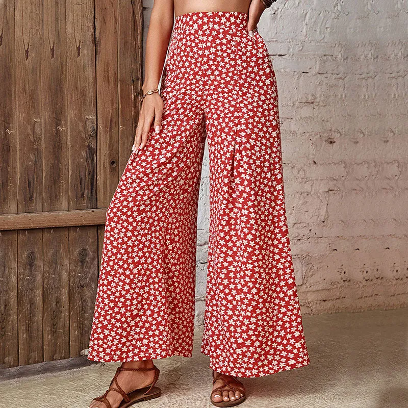 Red Floral Print Pleated Palazzo Pants