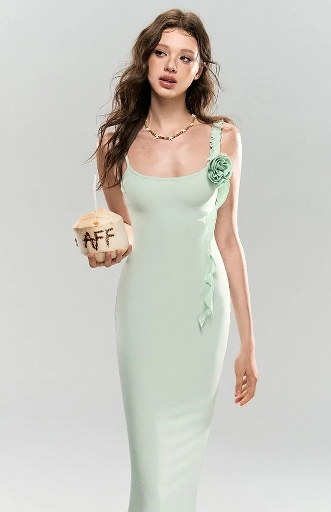 Sleeveless Ruffle Trim Midi Dress with Floral Appliqué