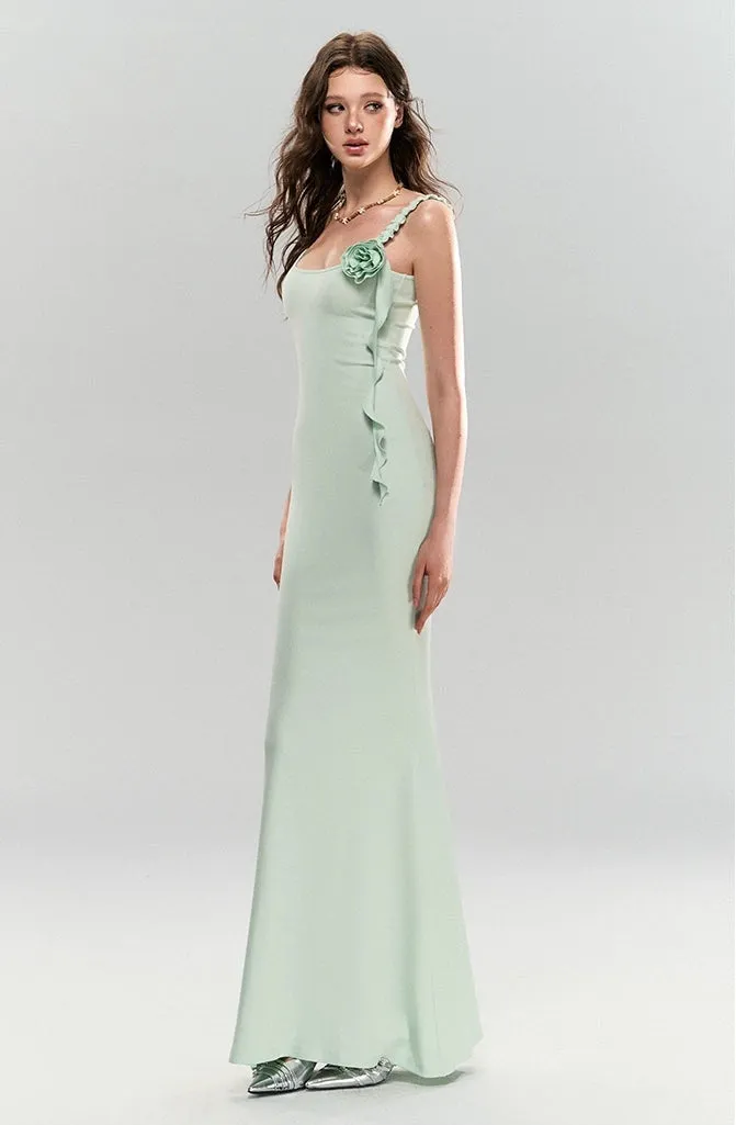 Sleeveless Ruffle Trim Midi Dress with Floral Appliqué