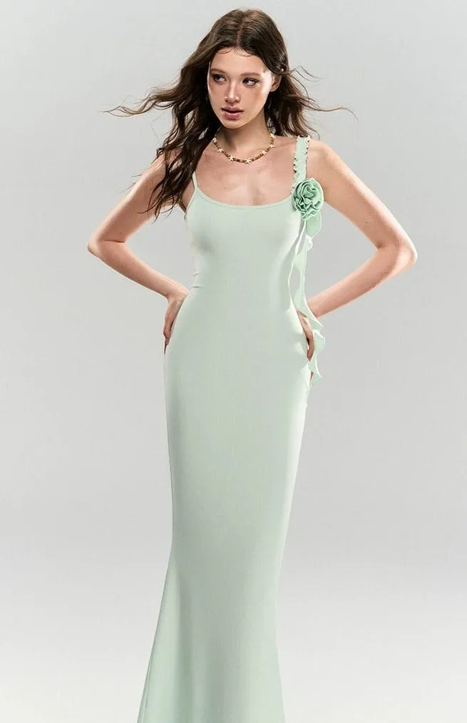 Sleeveless Ruffle Trim Midi Dress with Floral Appliqué