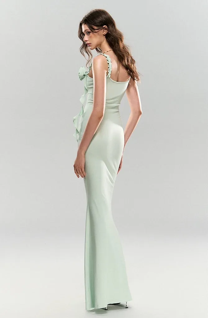 Sleeveless Ruffle Trim Midi Dress with Floral Appliqué