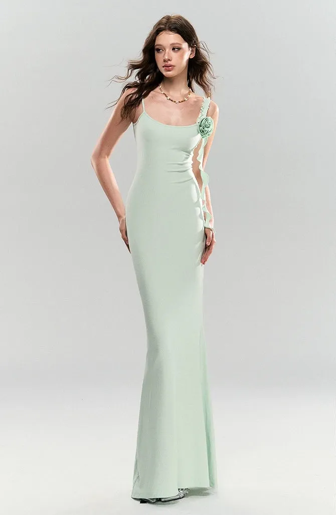 Sleeveless Ruffle Trim Midi Dress with Floral Appliqué