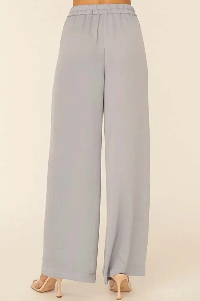 Solid Pleated High-Rise Elastic Waist Pants in Faded Denim