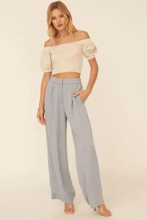 Solid Pleated High-Rise Elastic Waist Pants in Faded Denim