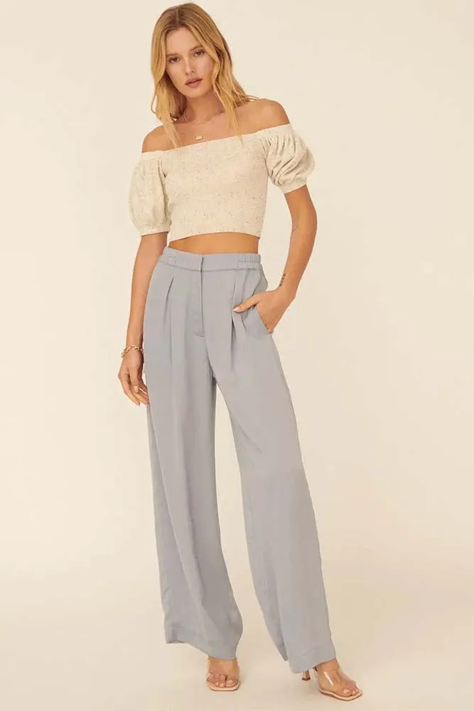 Solid Pleated High-Rise Elastic Waist Pants in Faded Denim