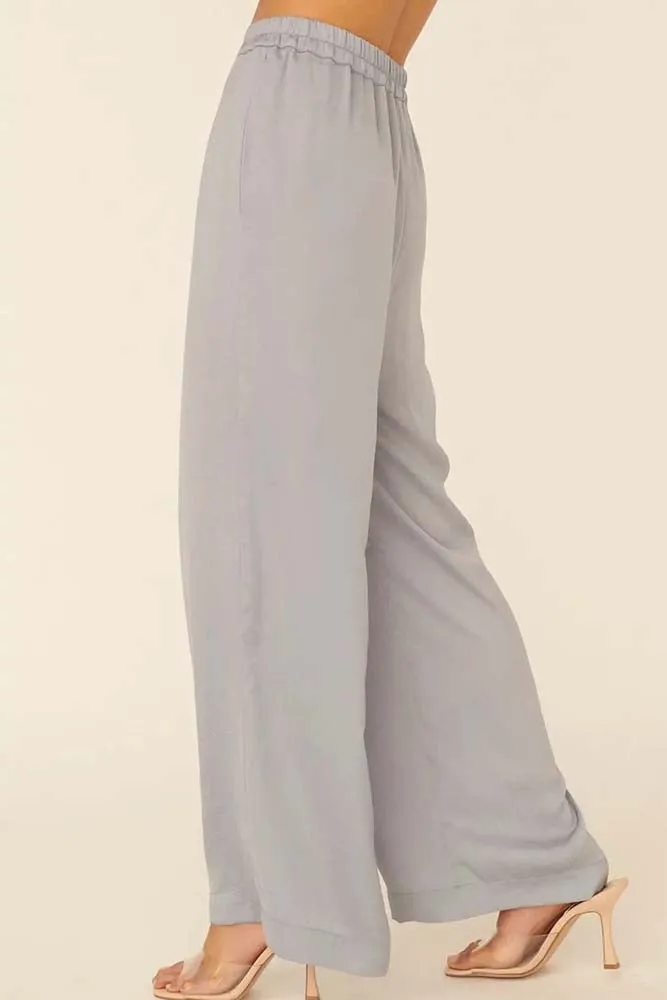 Solid Pleated High-Rise Elastic Waist Pants in Faded Denim