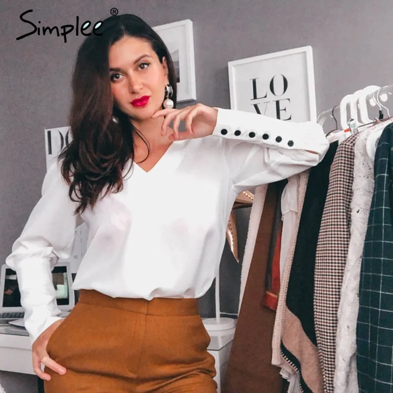 V neck women blouse shirt Puff sleeve