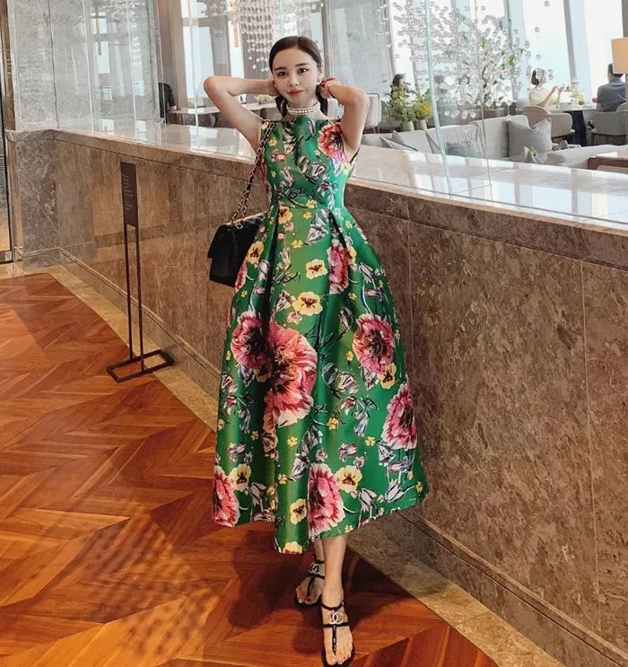 Vibrant Green Floral Print Sleeveless A-Line Midi Dress