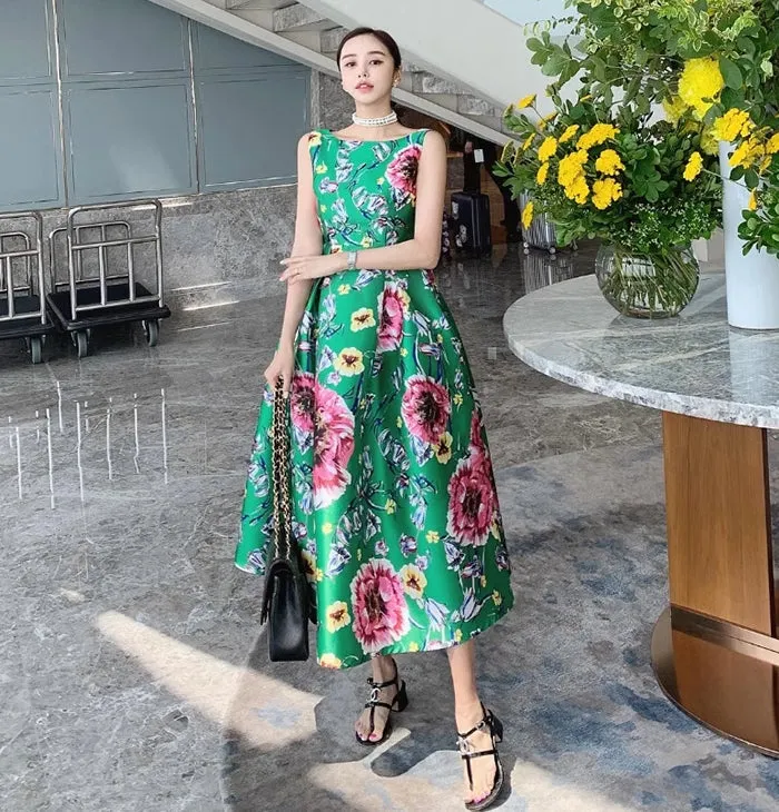 Vibrant Green Floral Print Sleeveless A-Line Midi Dress