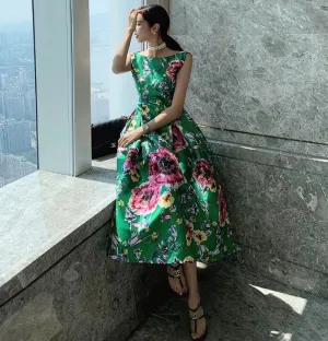 Vibrant Green Floral Print Sleeveless A-Line Midi Dress