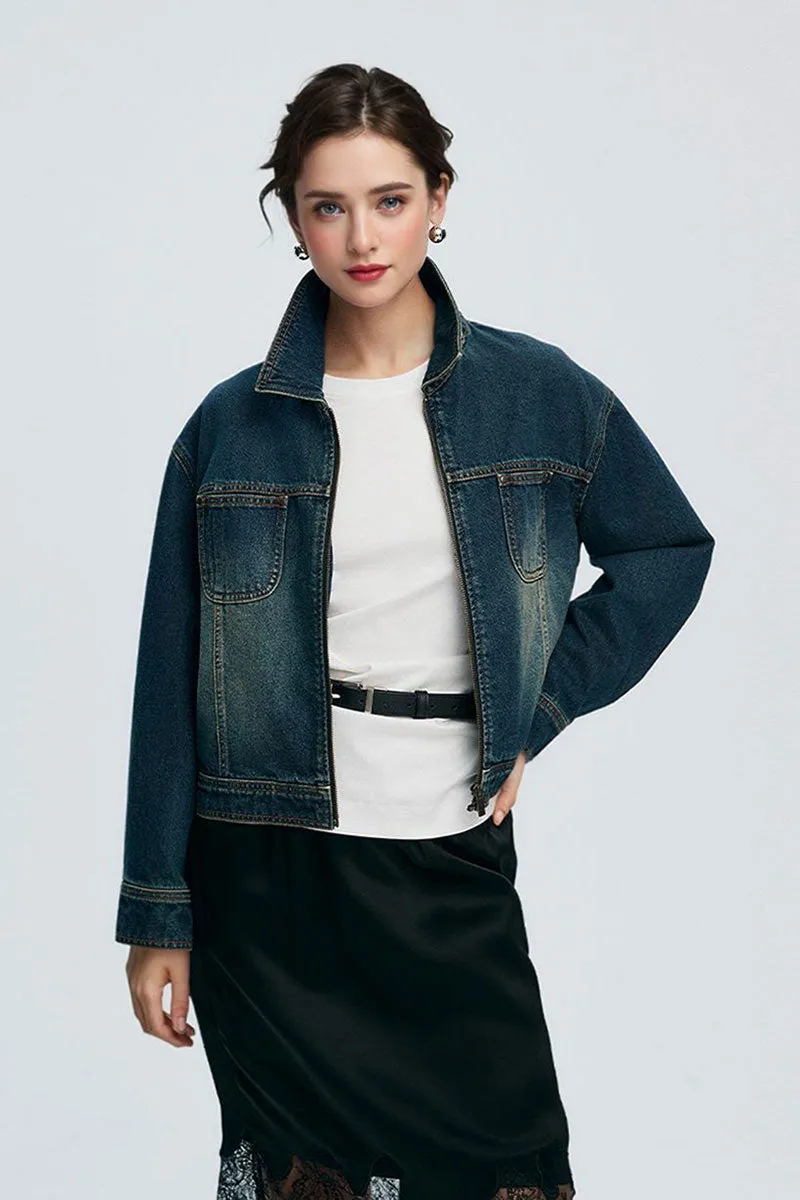 Vintage Cropped Zip-Up Denim Boxy Jacket with Pockets