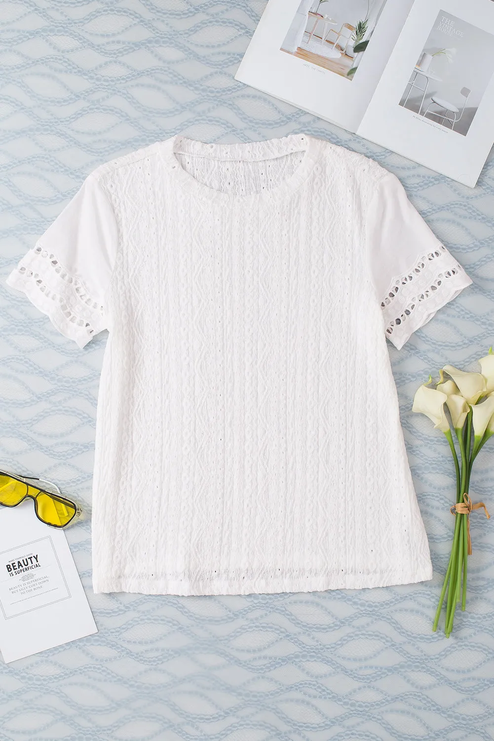 Women Eyelet Embroidery Scalloped Short Sleeve Top