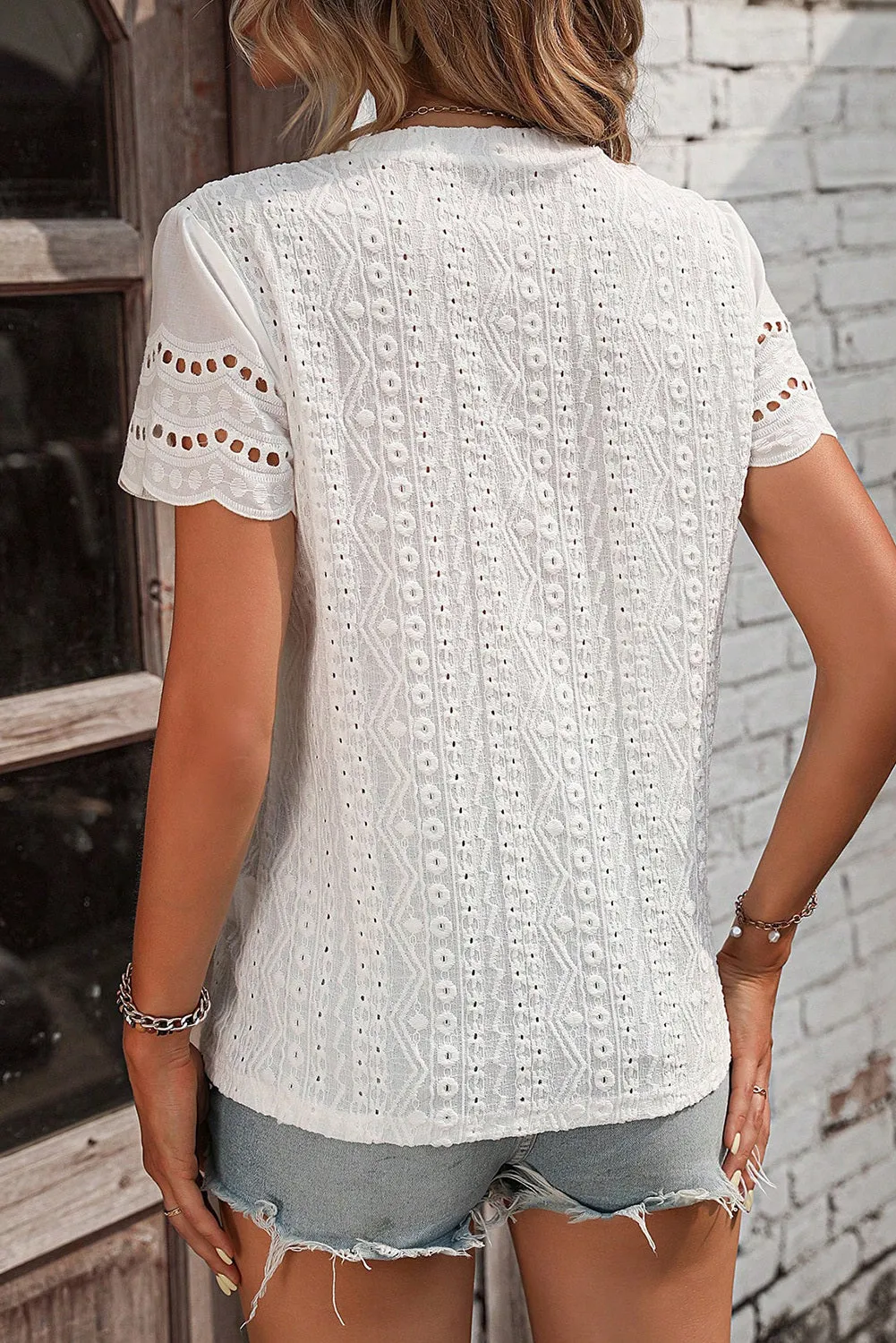 Women Eyelet Embroidery Scalloped Short Sleeve Top