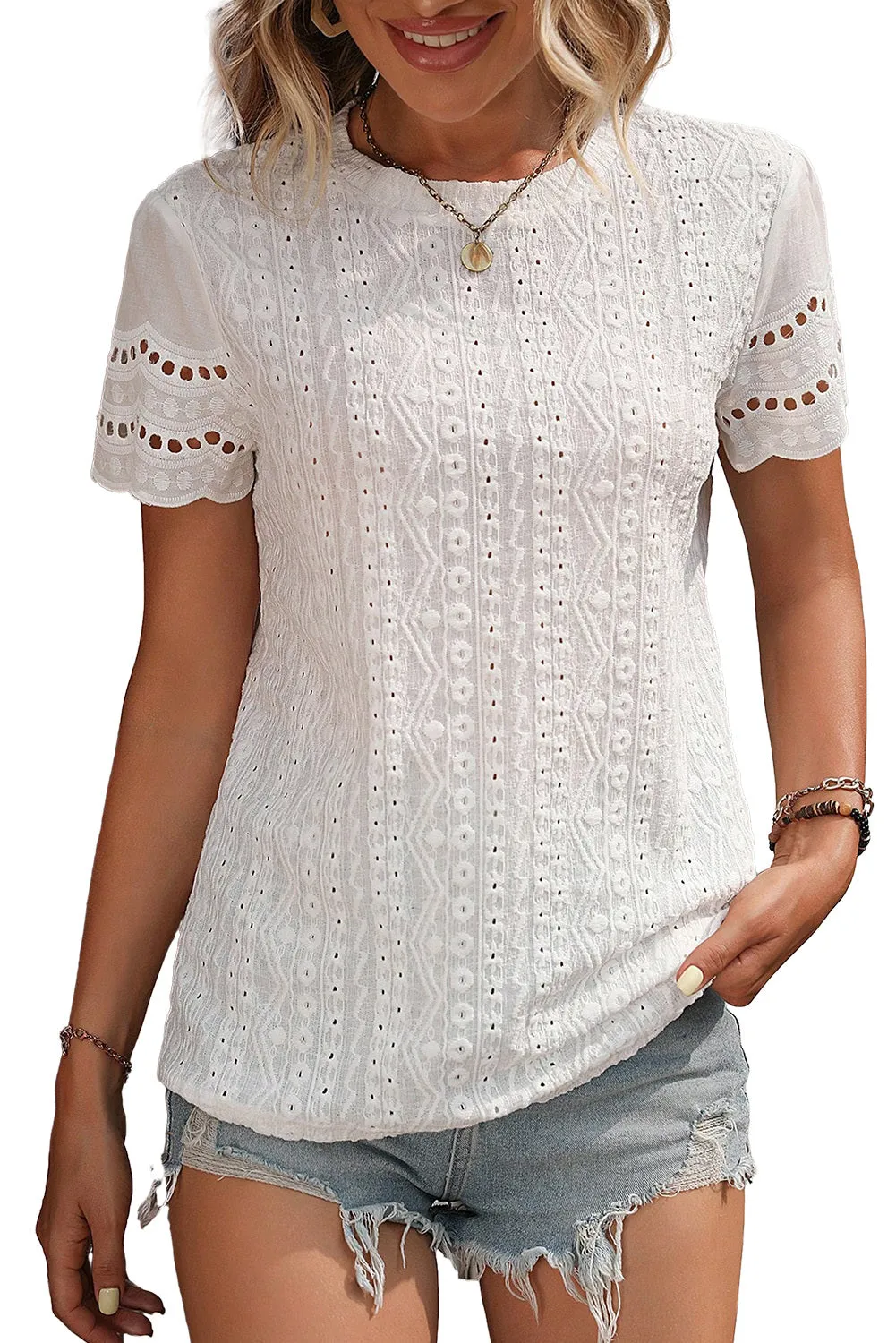 Women Eyelet Embroidery Scalloped Short Sleeve Top
