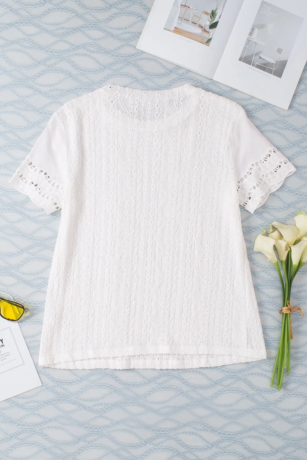 Women Eyelet Embroidery Scalloped Short Sleeve Top