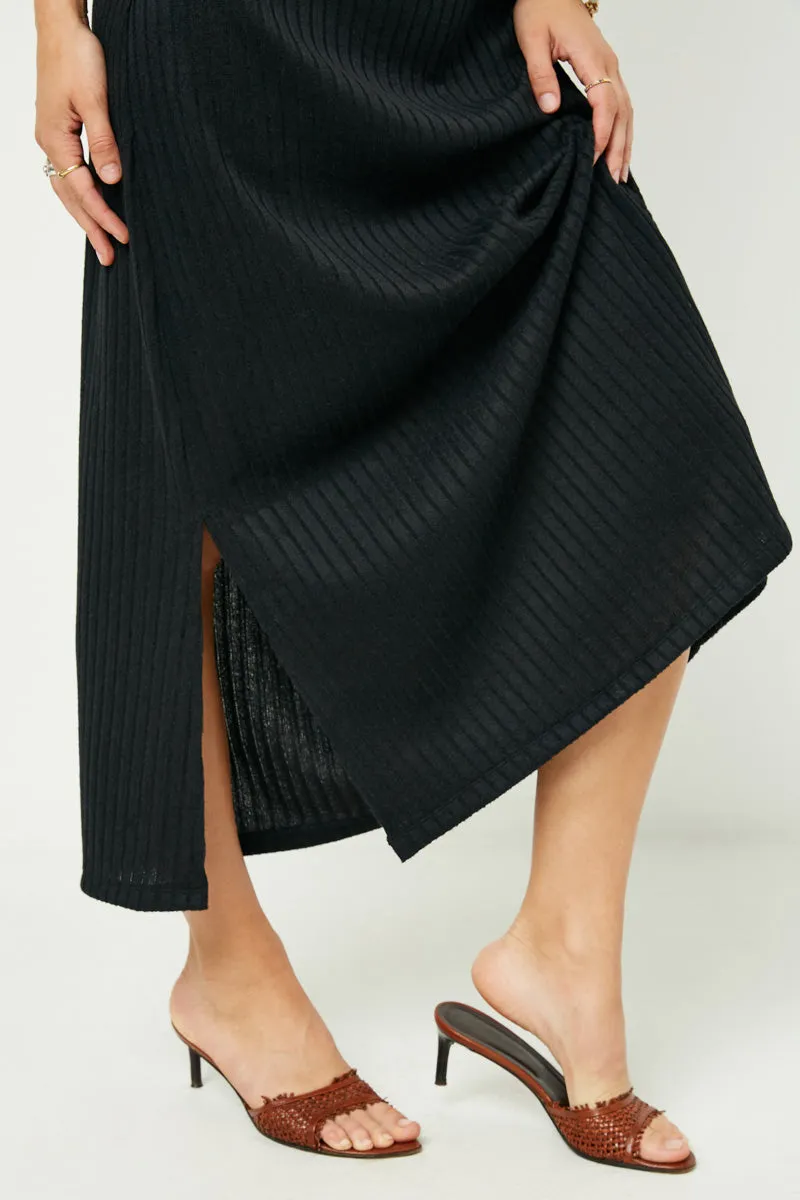 Womens Elastic Waist Ribbed Midi Skirt