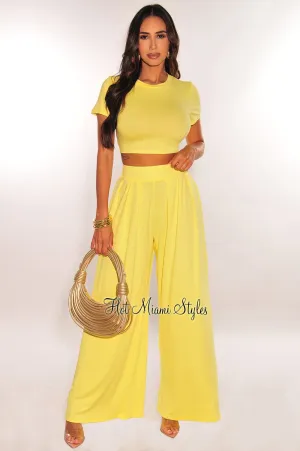 Yellow Short Sleeve Cropped High Waist Pleated Wide Leg Pants Two Piece Set